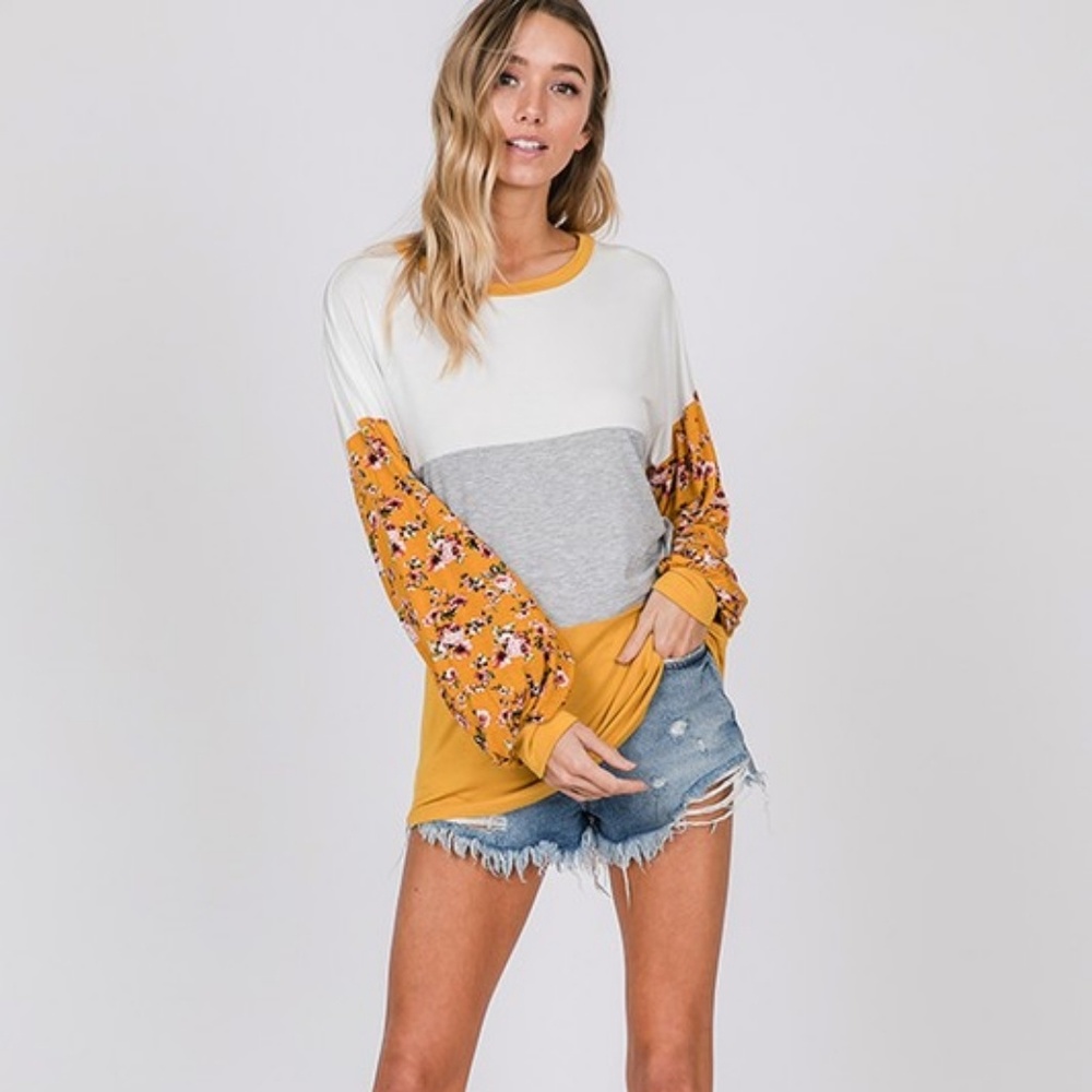 Colorblock floral balloon puff sleeve tunic - Picture 5 of 8